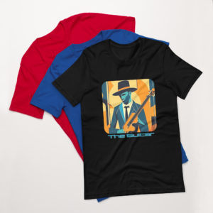 Three coloured T-shirts with musician graphic design