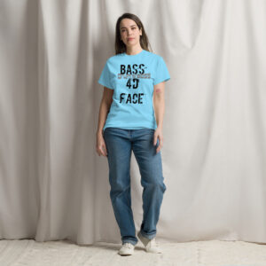 Woman wearing a Sky-Blue "Bass 4D Face2: Classic LC Tee Shirt" paired with jeans, standing against a neutral background.