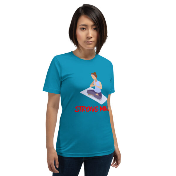 Strong Mind Fitness : Premium Tee Shirt : Mockup: Female Standing : Colour: Aqua : Bella & Canvas 3001