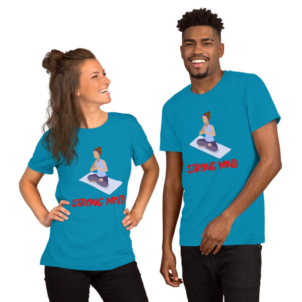 Strong Mind Fitness : Premium Tee Shirt : Mockup: Male & Female Standing : Colour: Aqua : Bella & Canvas 3001