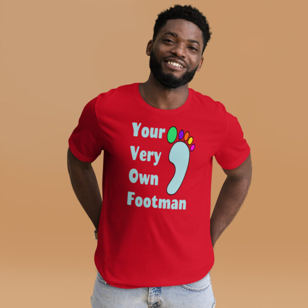 Your Very Own Footman : Premium Tee Shirt : Mockup Man Standing Colour: Red : Bella & Canvas 3001