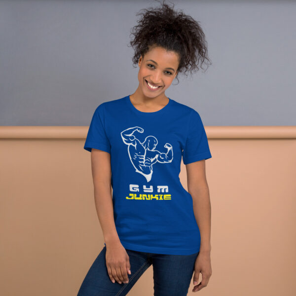 Gym Junkie : Premium Tee Shirt : Colour: True-Royal : Mockup: Female Standing