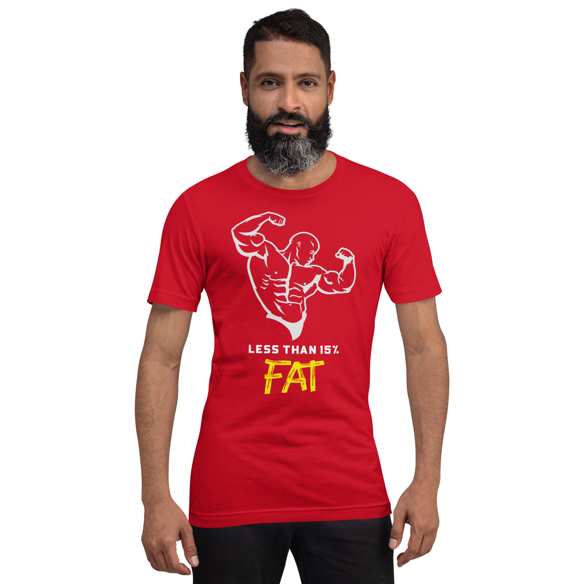 Less Than 15% Fat: Premium Tee Shirt : Colour: Red : Mockup: Male Standing Front