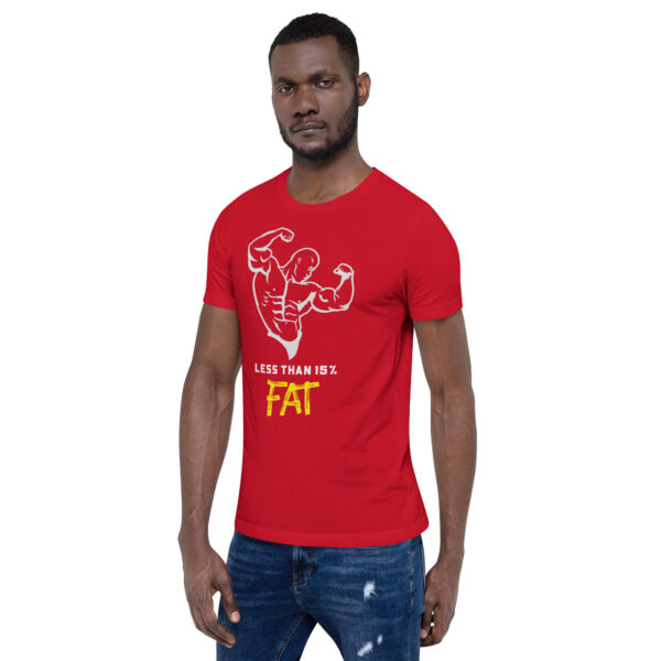 Less Than 15% Fat: Premium Tee Shirt : Colour: Red : Mockup: Male Standing