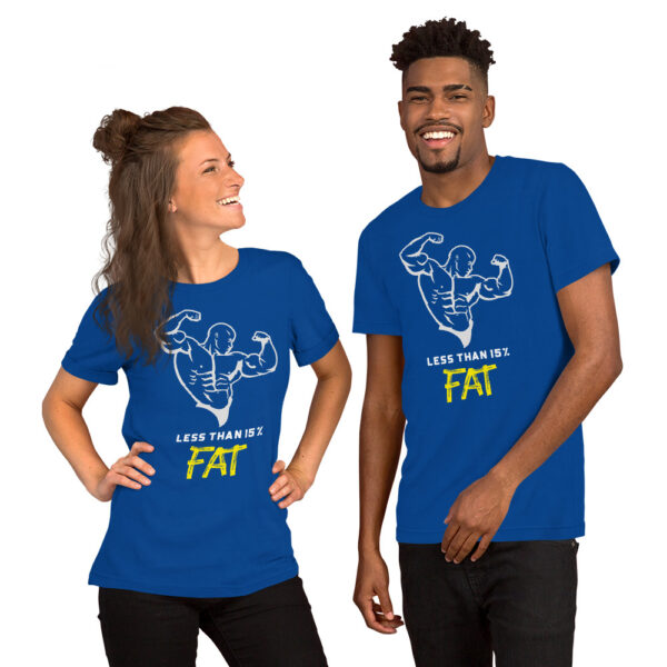 Less Than 15% Fat: Premium Tee Shirt : Colour: True-Royal : Mockup: Male & Female Standing