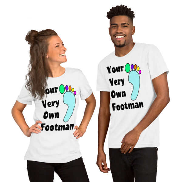 Your Very Own Footman: Premium Tee Shirt : Mockup Man & Female Standing : Colour: White : Bella & Canvas 3001