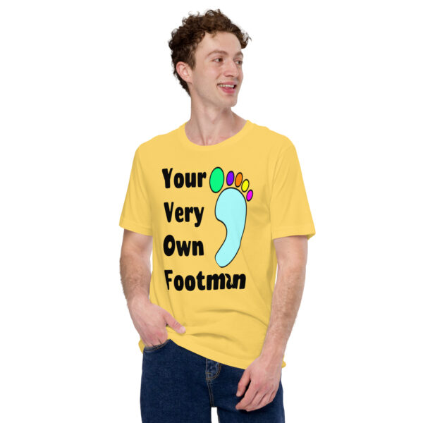 Your Very Own Footman: Premium Tee Shirt : Mockup Man Standing : Colour: Yellow : Bella & Canvas 3001