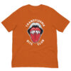 Orange T-shirt with vampire bite logo.