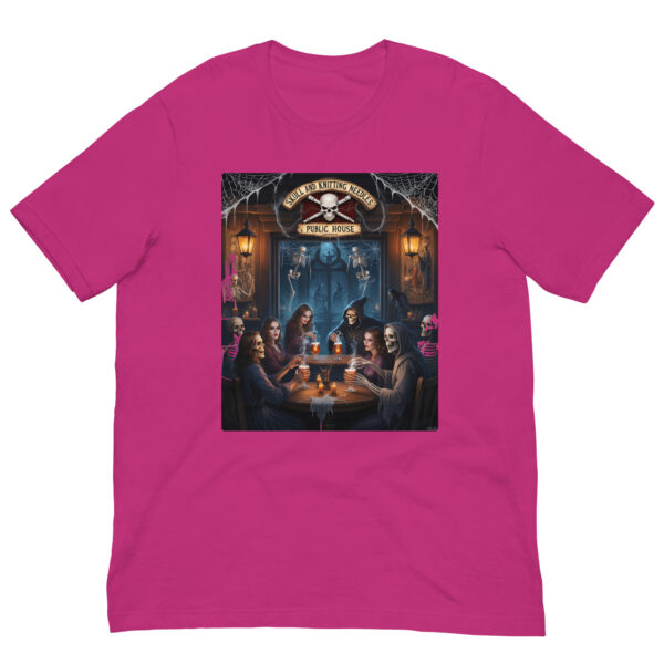 Pink T-shirt with spooky pub illustration.