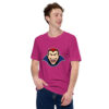 Man wearing pink vampire graphic t-shirt smiling.