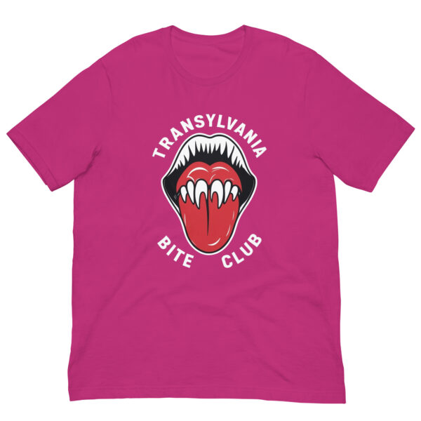 Pink t-shirt with Transylvania Bite Club design.