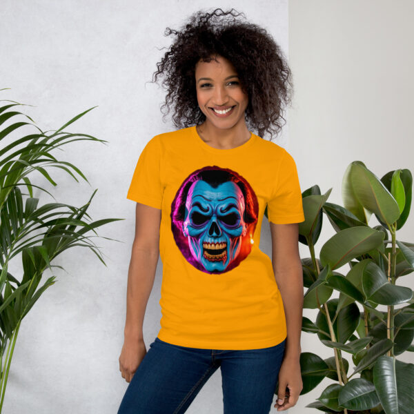 Blue Deville: Halloween : Premium Tee Shirt : Colour: Gold : Bella & Canvas 3001 : Mockup: Female Standing