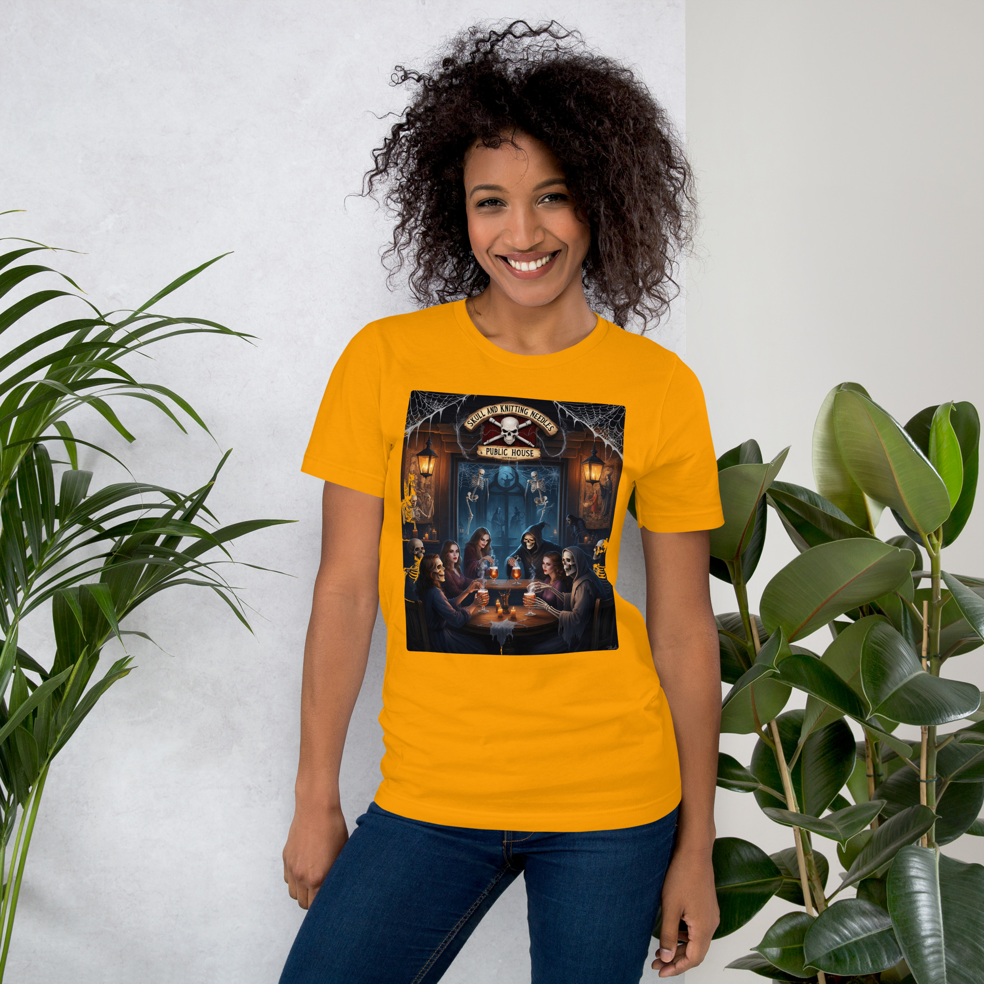 Woman modelling yellow Halloween pub-themed t-shirt