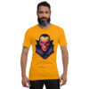 Man wearing vampire graphic yellow T-shirt