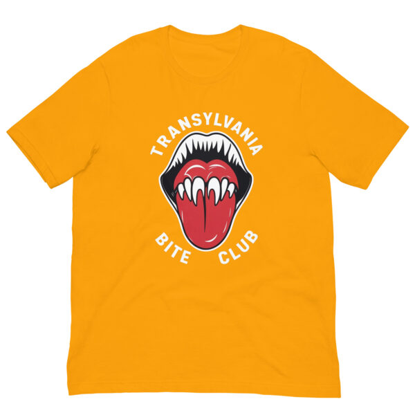 Yellow shirt with Transylvania Bite Club design.