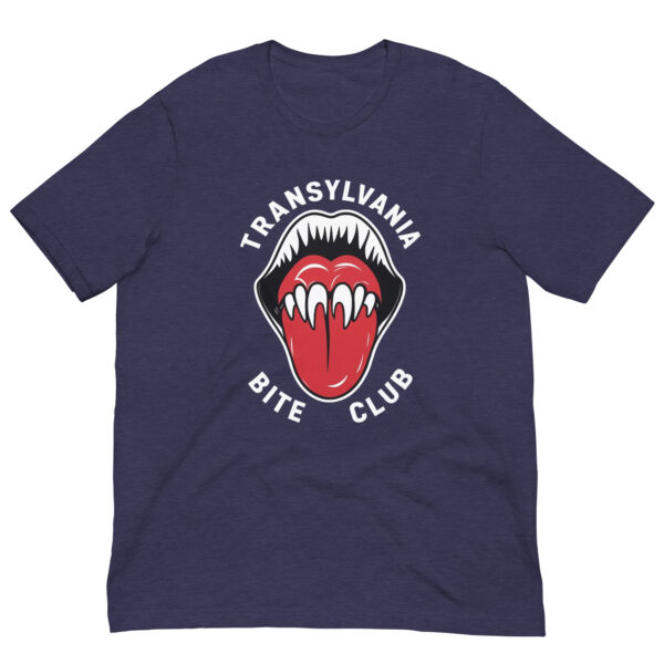 Navy shirt with 'Transylvania Bite Club' design.