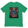 Green T-shirt with gothic pub illustration.