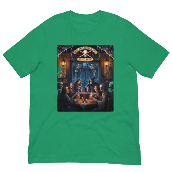 Green T-shirt with gothic pub illustration.