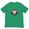 Green T-shirt with cartoon vampire design.