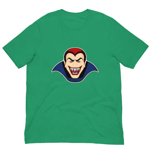 Green T-shirt with cartoon vampire design.