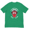 Green T-shirt with vampire mouth design.