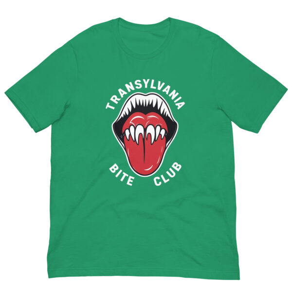 Green T-shirt with vampire mouth design.