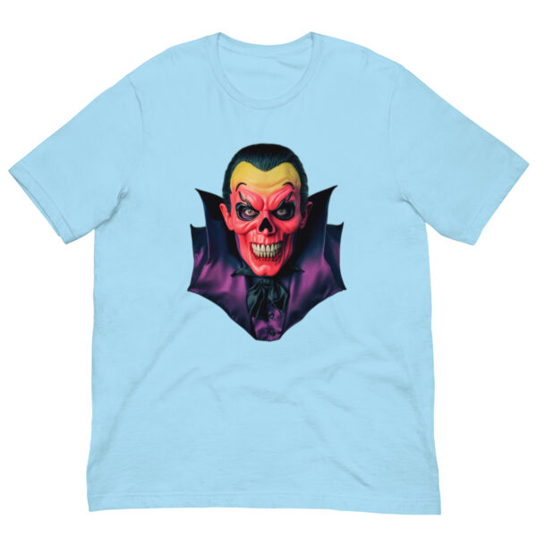 Blue T-shirt with scary vampire design print.