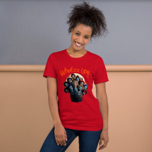 Barrel of Whatzz UP : Halloween : Premium Tee Shirt : Colour: Red : Bella & Canvas 3001 : Mockup: Female Standing