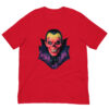 Red t-shirt with vampire skull illustration.