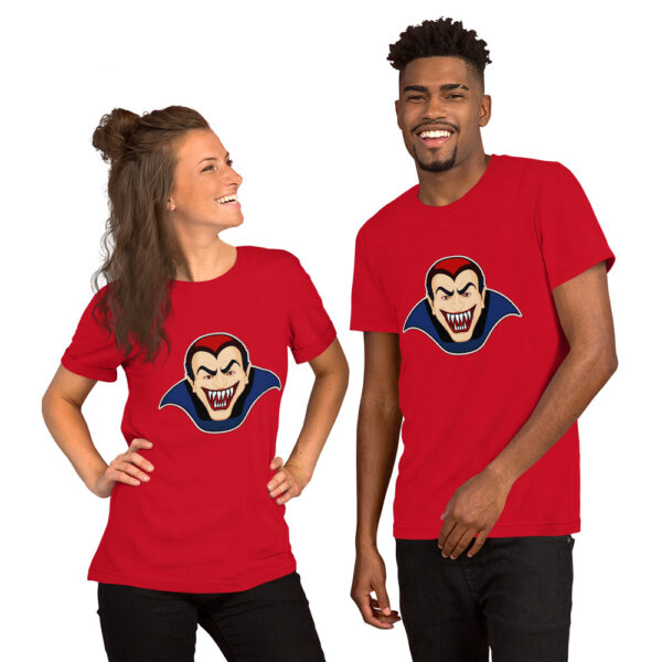 Couple wearing red vampire-themed T-shirts, smiling.