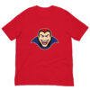 Red T-shirt with vampire face graphic.