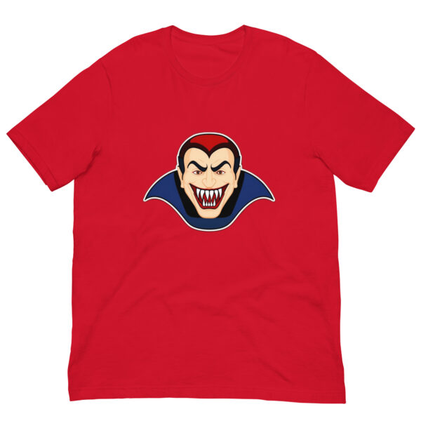 Red T-shirt with vampire face graphic.