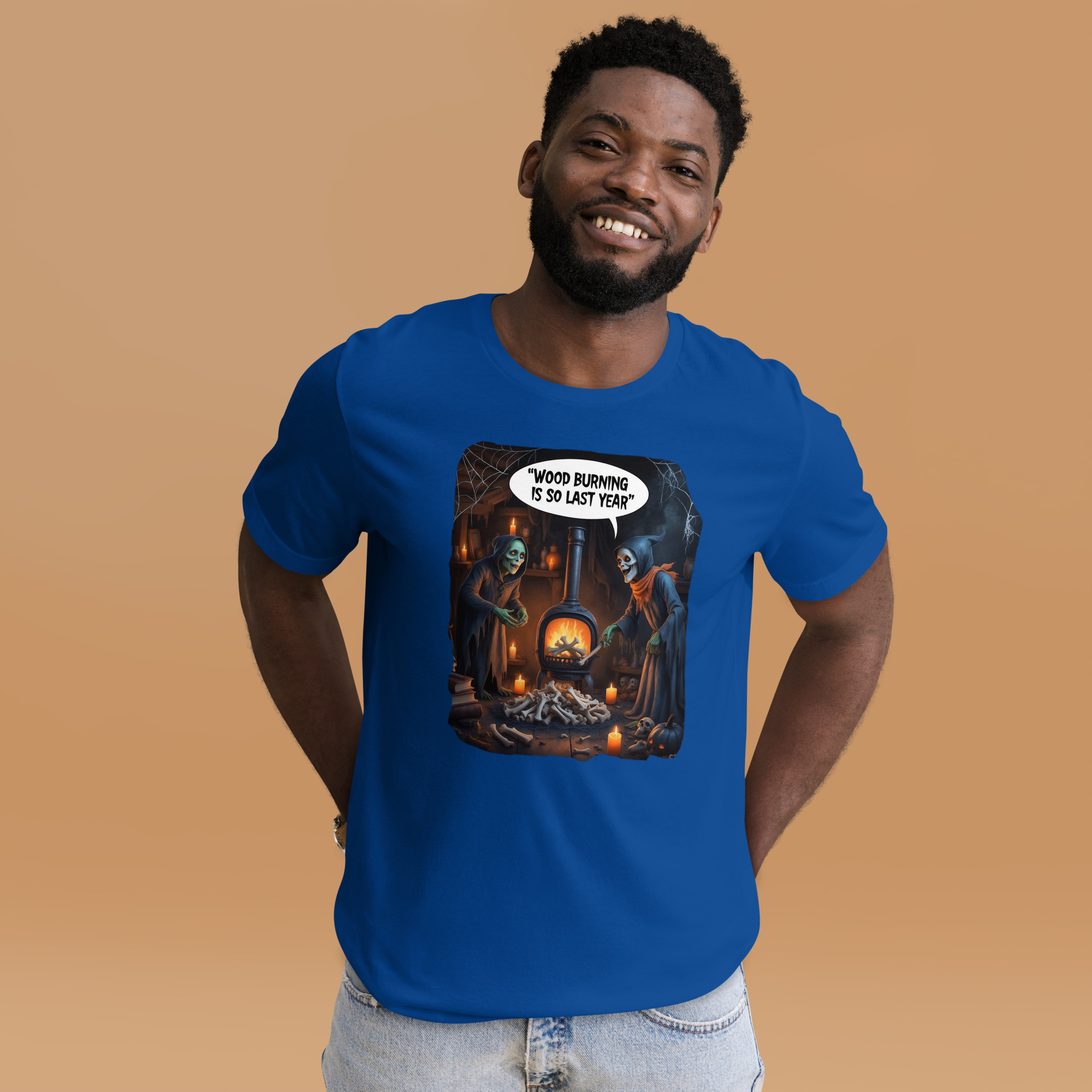 Wood Burning SO Last Year : Halloween : Premium Tee Shirt : Colour: True-Royal : Bella & Canvas 3001 : Mockup: Standing