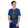 Man in blue graphic horror-themed T-shirt smiling.