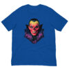 Blue shirt with vibrant skull vampire design