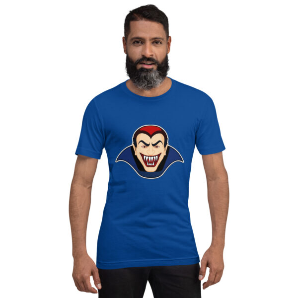 Man wearing blue T-shirt with vampire graphic