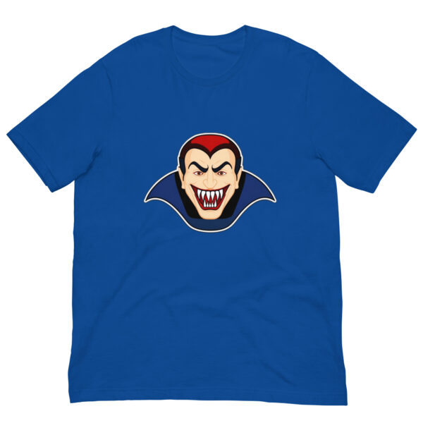 Blue t-shirt with vampire face design.