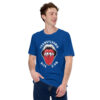 Man wearing blue Transylvania Bite Club T-shirt