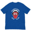 Blue T-shirt with vampire teeth design.