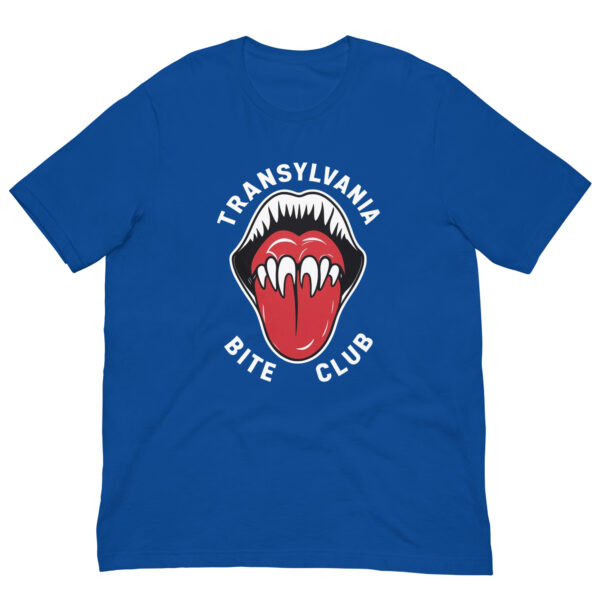 Blue T-shirt with vampire teeth design.