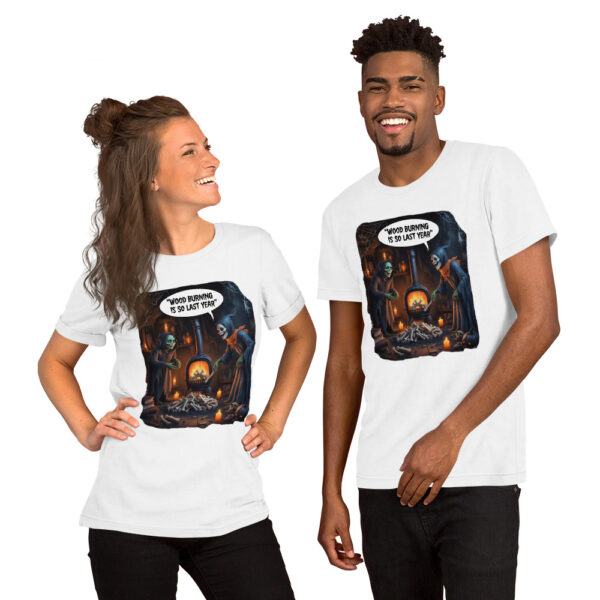 Wood Burning SO Last Year : Halloween : Premium Tee Shirt : Colour: White : Bella & Canvas 3001 : Mockup: Female & Male Standing