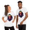 Couple wearing vampire-themed graphic t-shirts, smiling.