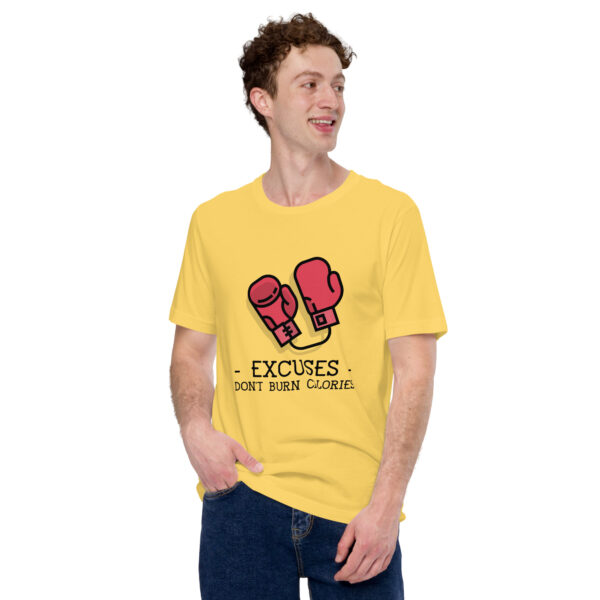 Excuses Don't Burn Calories : Premium Tee Shirt : Colour: Yellow : Bella & Canvas 3001 : Mockup: Male Standing