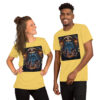 Two models wearing yellow graphic T-shirts.