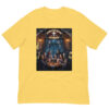 Yellow T-shirt with Halloween pub scene design.