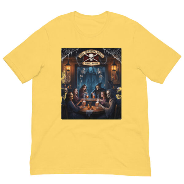 Yellow T-shirt with Halloween pub scene design.