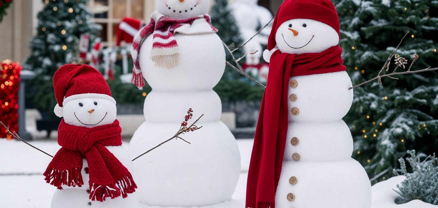 Snowmen with red hats and scarves in snow