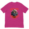 Pink Christmas T-shirt with festive illustrated clowns design.