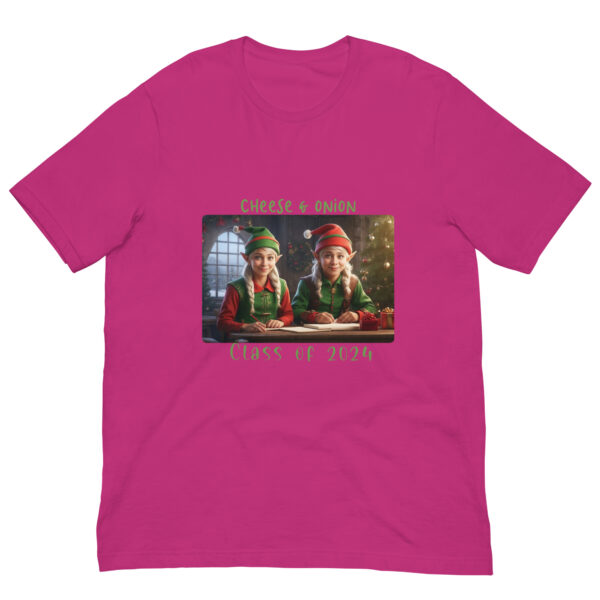 Pink shirt with festive elf design.