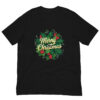 Black t-shirt with Merry Christmas holly design.